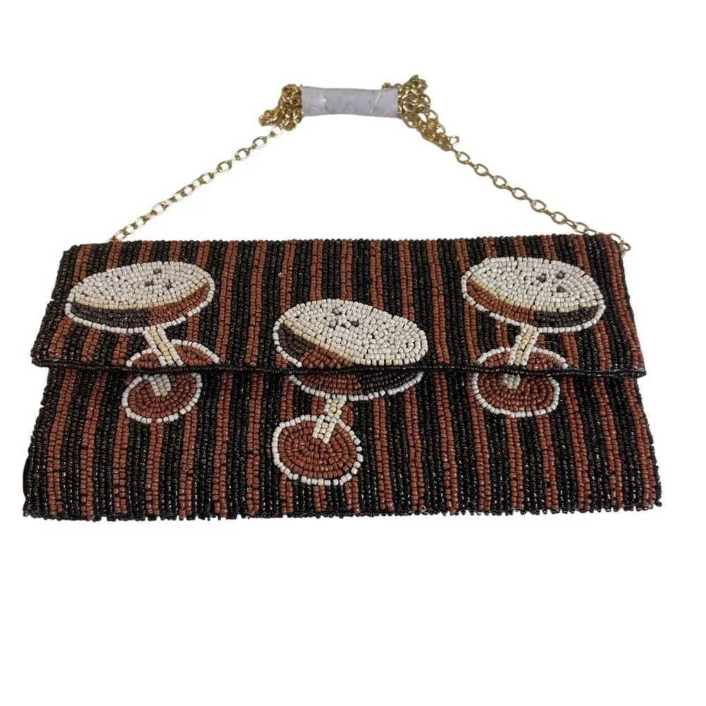 Rachel Zoe Beaded Espresso Martini Clutch w/ Gold Toned Chain.